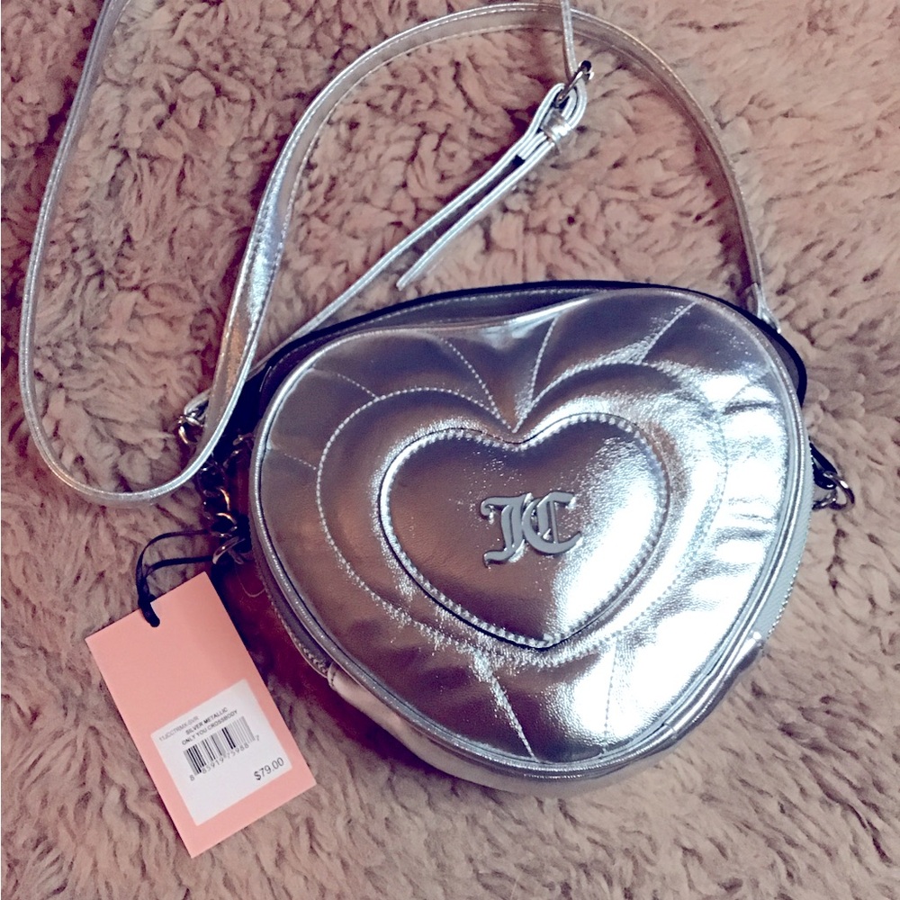 NEW Juicy Couture Silver Metallic Heart Shaped Only You Crossbody With Tags